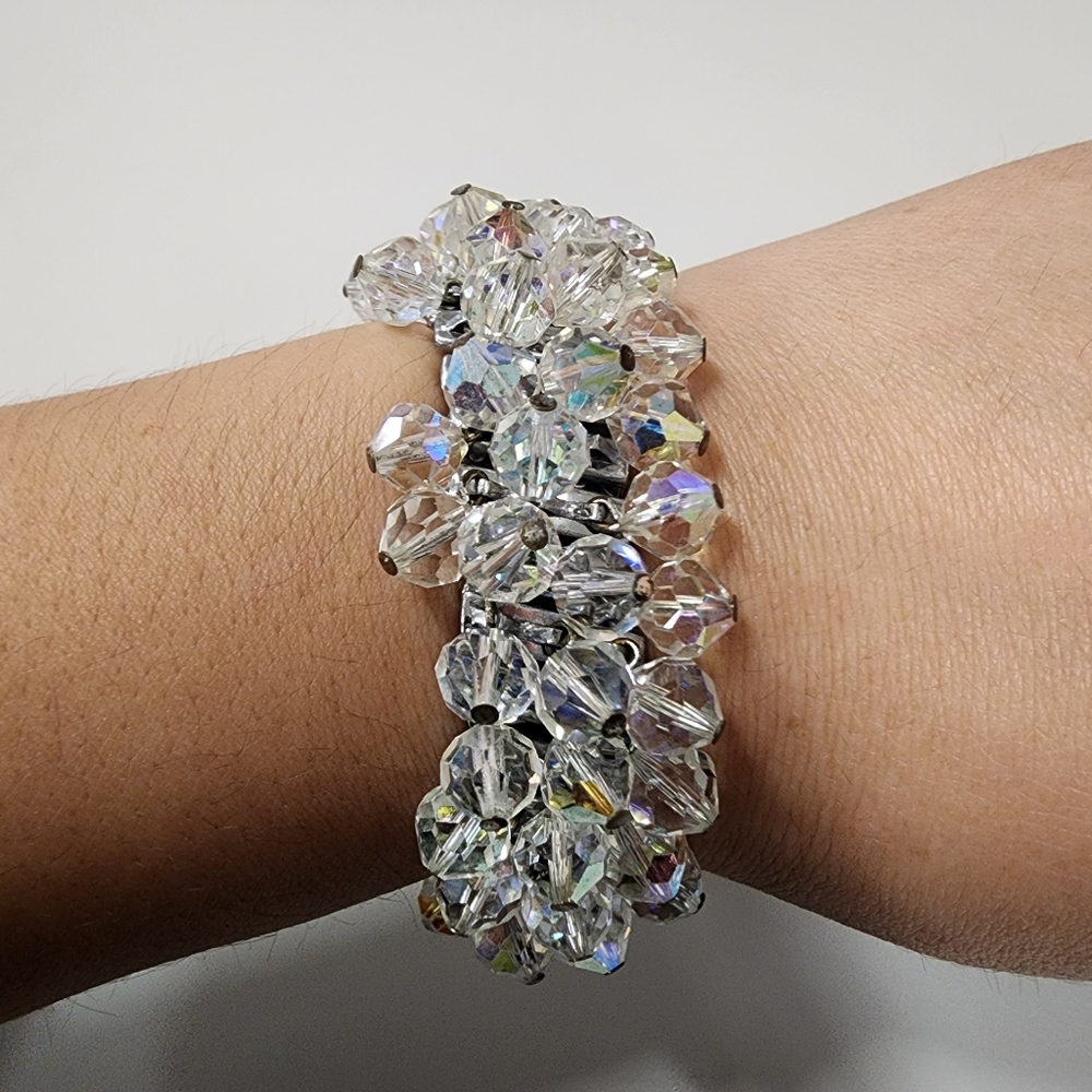 Vintage Aurora Borealis Crystal Cha-Cha Bracelet Iridescent Glass Bead Cluster